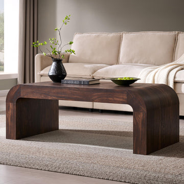 48" Modern Curved Coffee Table, Wood Minimalist Center Table, Brown