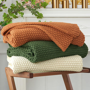 Chunky Cable Knit Throw Blanket Lightweight Beige 100% Organic Cotton Blanket, Rustic Shabby Chic Modern Farmhouse