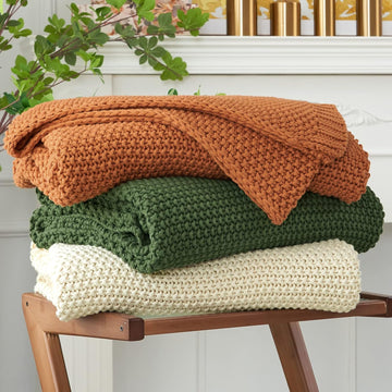 Chunky Cable Knit Throw Blanket Lightweight Burnt Orange 100% Organic Cotton Blanket, Rustic Shabby Chic Modern
