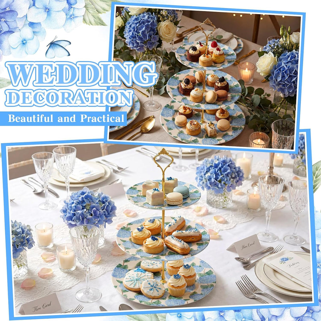 3 Tier Blue Hydrangea Cake Stand 10", 9" and 7" Ceramic Serving Tray Dessert Cupcake Display Holder Tower for Wedding