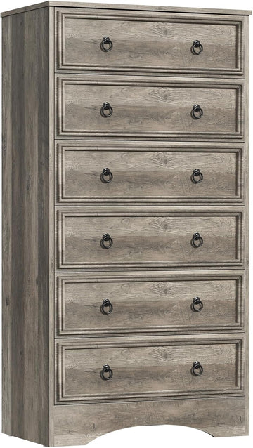 6 Drawer Dresser 52" Tall , Wood 6 Chest Drawers, Storage for Clothes, Narrow Large Drawers, Taupe Vintage
