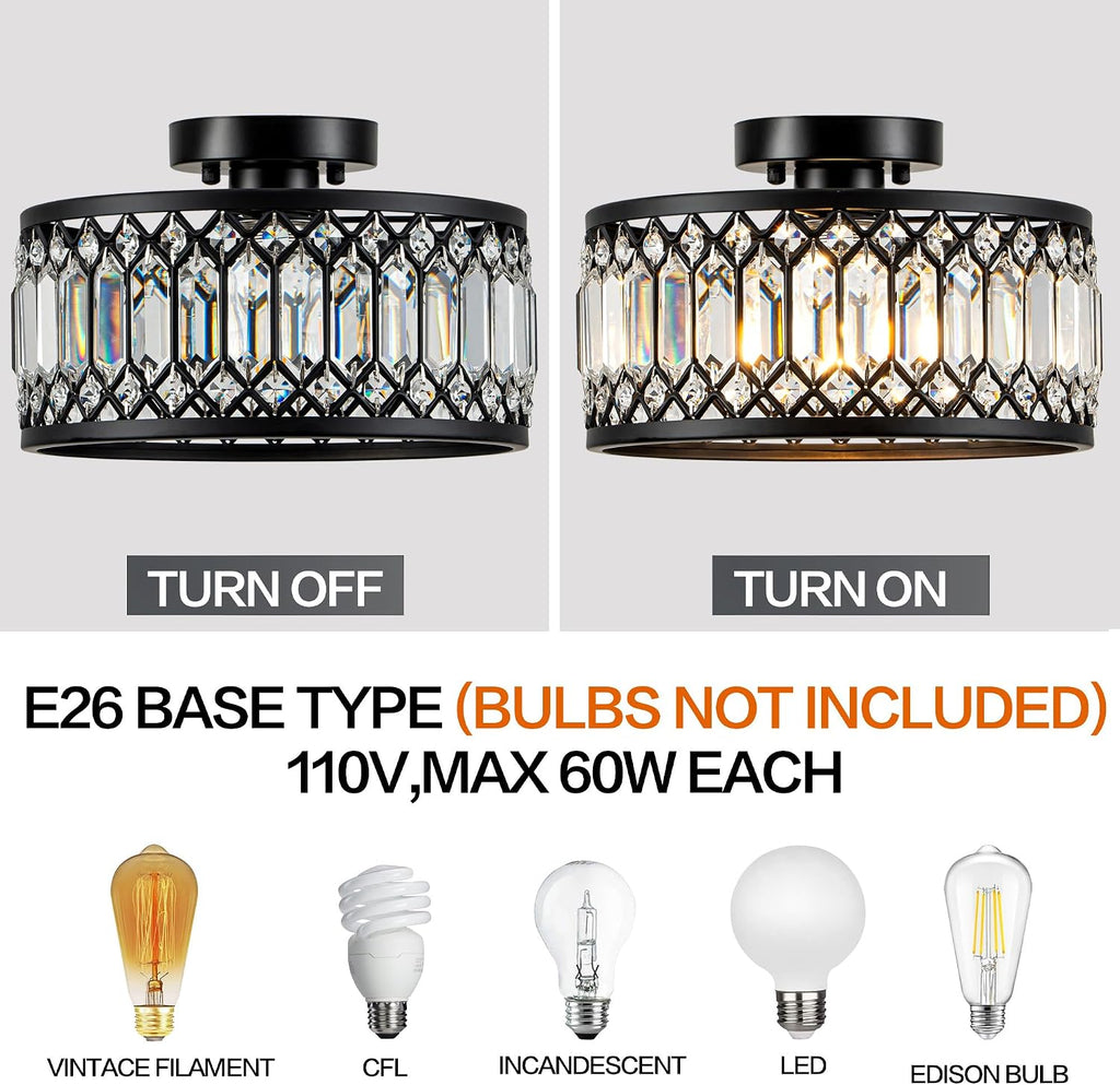 Crystal Black Ceiling Light, Modern Semi Flush Mount Ceiling Light Fixture, Round Small Chandelier Entryway Bathroom