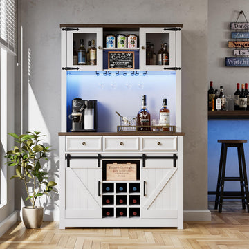 72" Farmhouse Coffee Bar Cabinet with LED Lights & Power Outlets
