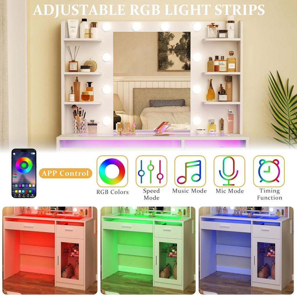 Vanity Desk with Mirror and Lights, Makeup Vanity Desk with Lights 3 Colors, Transparent Top Vanity with 2 RGB