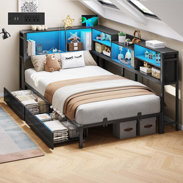 Corner Twin Bed Frame with Bookcase Storage and Led Lights Metal Platform Bed Frame with 2 Drawers and Charging