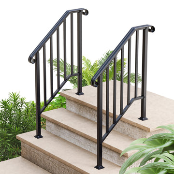2 Pack 3 Step Handrails for Outdoor Steps, Wrought Iron Stair Railing Fits 2 or 3 Steps, Metal Hand Railing with