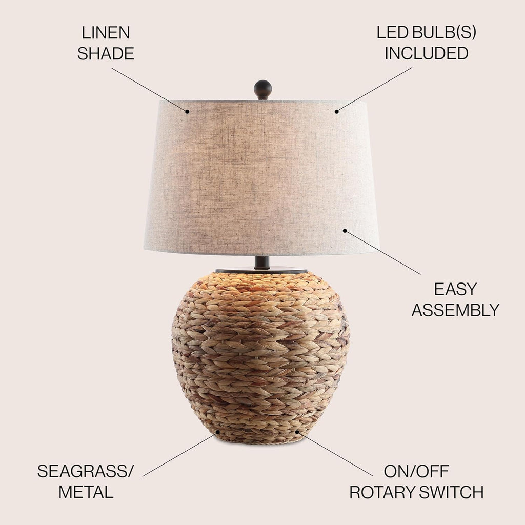 24.5" Natural Water Hyacinth Farmhouse Basket Table Lamp, Coastal Decor Bedroom Nightstand, Light Gray Linen Shade