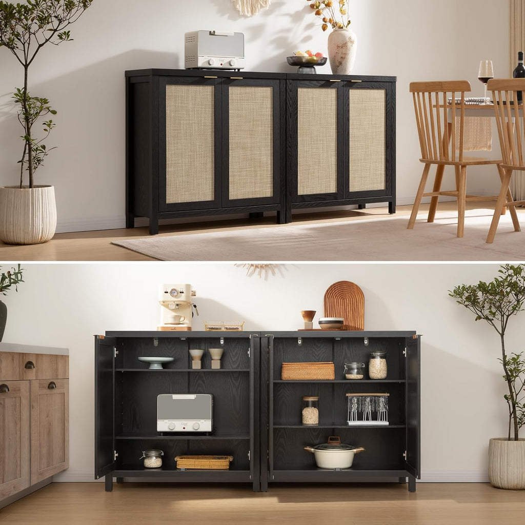 Sideboard Buffet Storage Cabinet - Boho Rattan Credenza Coffee Bar Cabinet with Large Storage
