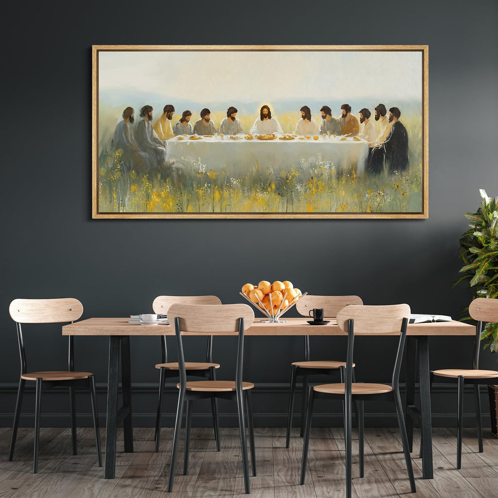 Extra Large Framed Canvas Print Wall Art The Last Supper in Nature Soft Pastoral Christian Scene in Impressionist