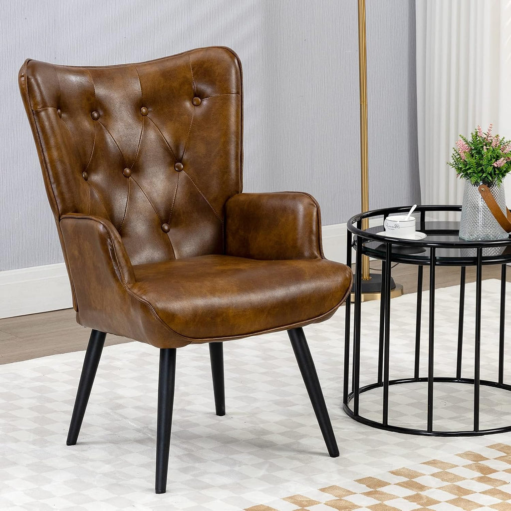 PU Leather Accent Chair , Upholstered Reading Chair with High Backrest, Tufted-Button Wingback Armchair , Dressing