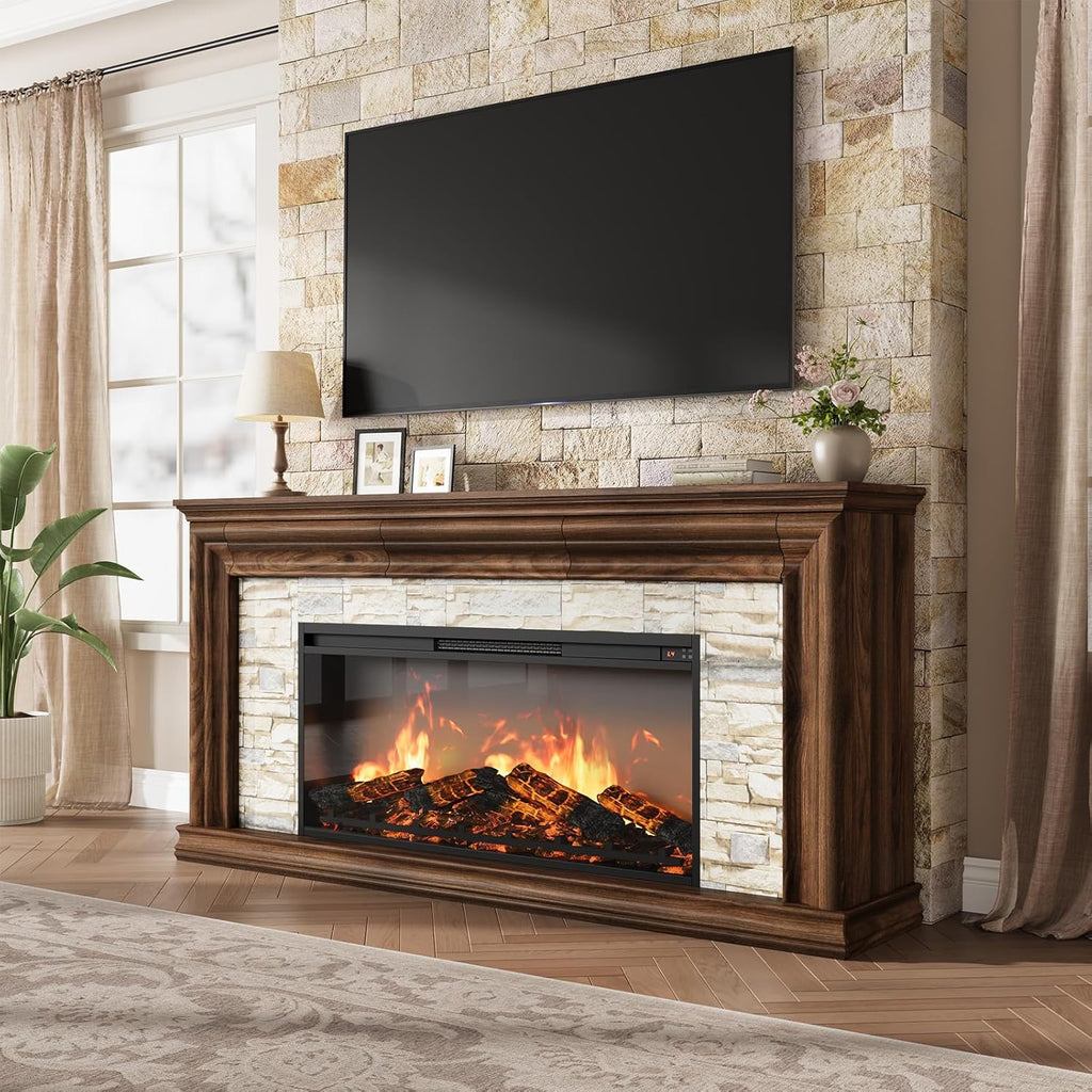 70" Fireplace TV Stand Up to 80" TVs, 42" Modern Electric Fireplace with Mantel