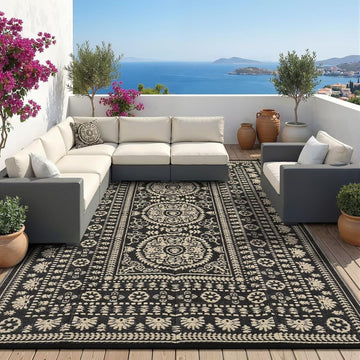 Reversible Outdoor Rug 6x9, Waterproof Outdoor Area Rug, Modern Medallion Indoor Outdoor Rugs, Plastic Straw Rug for