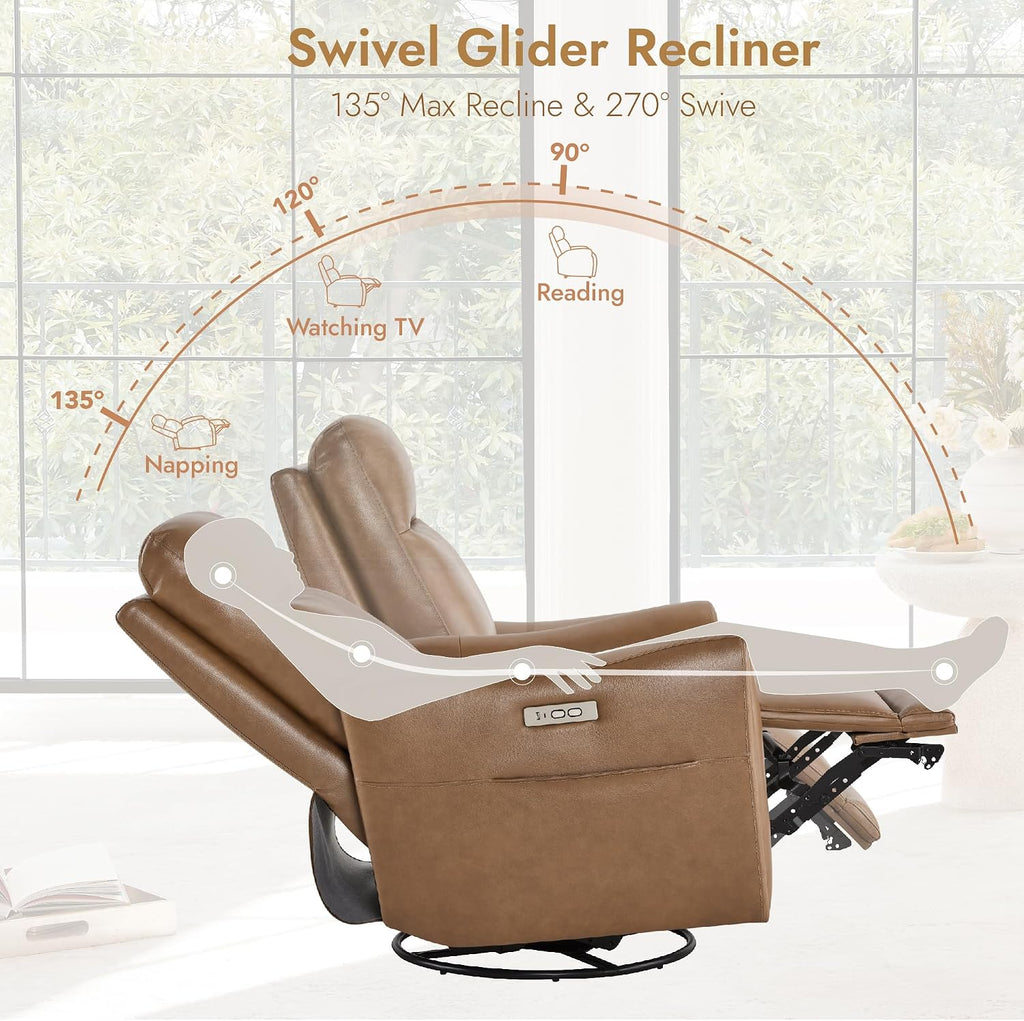 Genuine Leather Power Recliner Chairs for Adults, Swivel Glider Recliner Chair with Charging Ports, Saddle