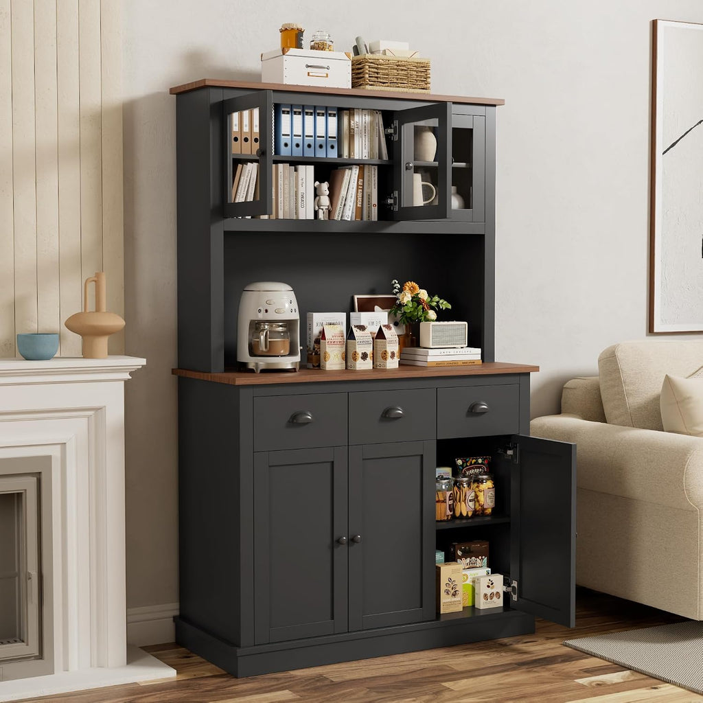71" Kitchen Hutch with Charging Station, Tall Pantry Storage Cabinet with Microwave Stand, Adjustable Shelves, Slide