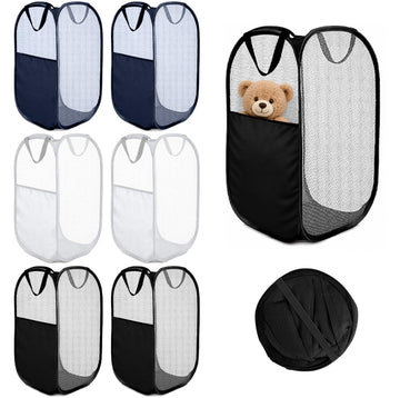 6 Pack Mesh Laundry Hampers with Side Pockets, Black White Blue