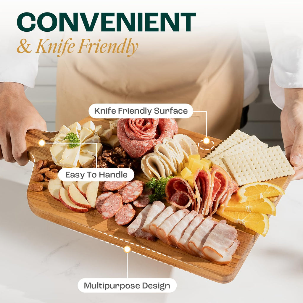 Teak Cutting Boards, [20''Lx10''Wx0.75"] Ergonomic Handle Serving Board, Pre-Oiled Teak Wood Charcuterie Board