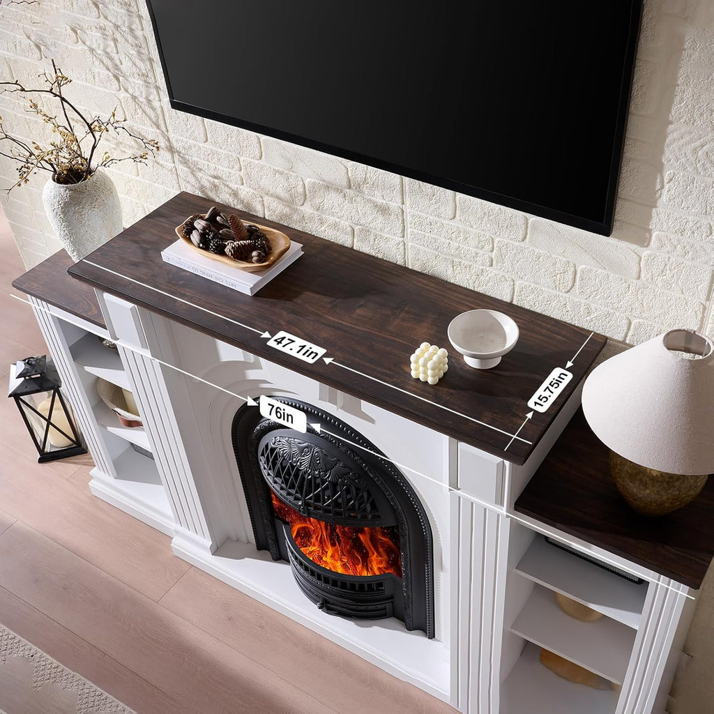 76 Inch Farmhouse Electric Fireplace TV Stand with Mantel, Entertainment Center for TVs up to 90 Inches, Media Console with 30 Inch Fireplace Insert Heater for Living Room or Bedroom