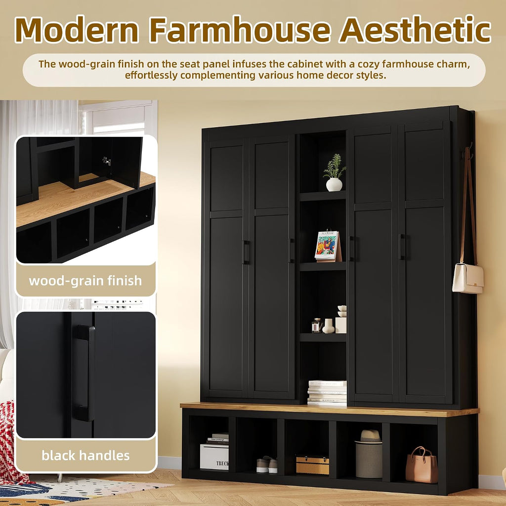 Modern Farmhouse Hall Tree with Bench, 4-in-1 Entryway Storage Cabinet & Shoe Organizer with Hooks, Black
