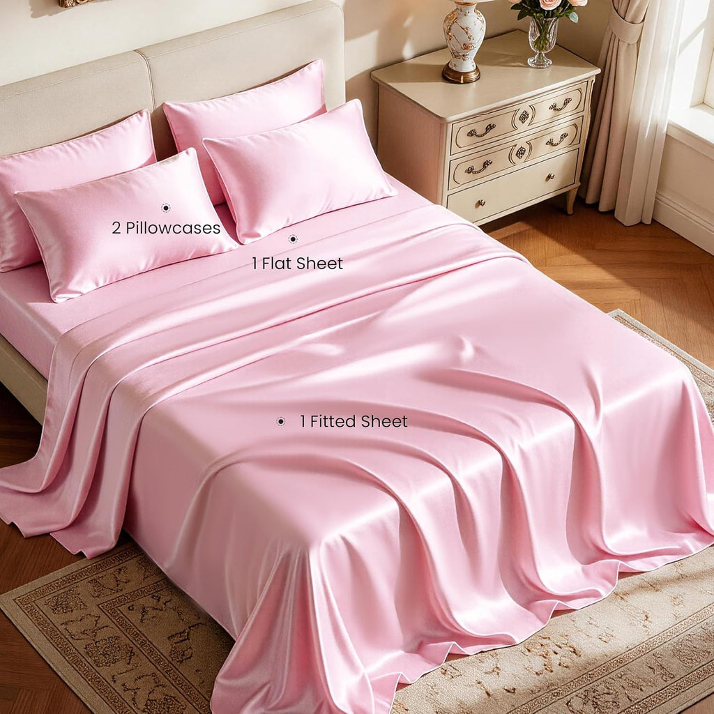 Satin King Sheet Sets - 4 Piece Pink Silky Sheets King Bed Set with Deep Pocket, Luxury Silk Feel King Satin Sheet