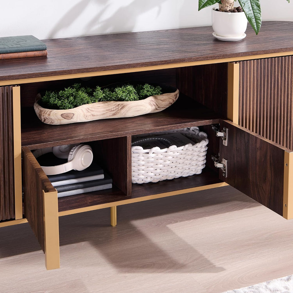 70" Fluted TV Stand with Storage, Faux Marble Top Entertainment Center for TVs Up to 80", Modern Curved Edge Media