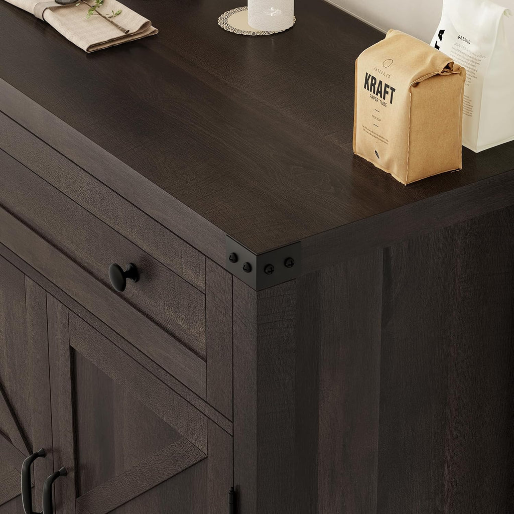 Kitchen Storage Cabinet, Farmhouse Coffee Bar Cabinet, Dark Brown | Small Buffet Cabinet with Doors & Wide Drawer