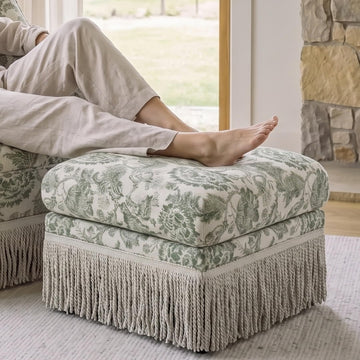 Green Floral Linen Upholstered Ottoman Footstool with Fringe Skirt