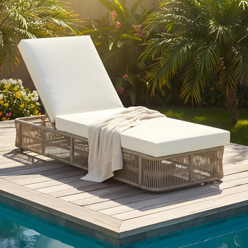 Patio Chaise Lounge with Woven Rope Base, Adjustable Sunlounge Without Cushion, Beige and White