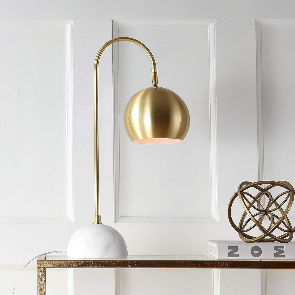 23.5" Brass Gold and White Stephen Metal and Marble LED Table Lamp, Modern Arched Task Lamp Bedroom Office