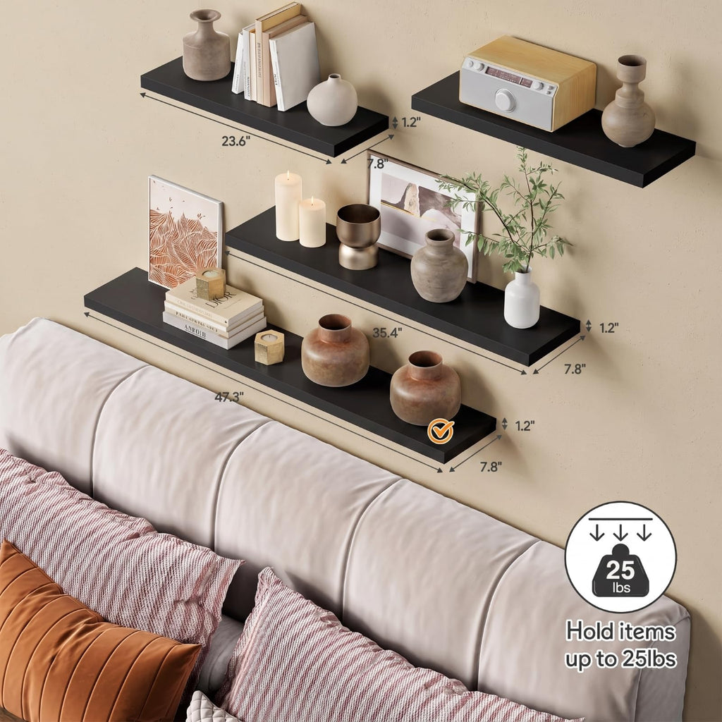 Black Floating Shelves 48 Inch Long, Large Wall Shelf Kitchen
