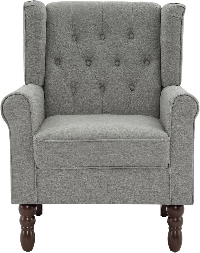 Button Tufted Wingback Accent Chair, Light Grey, Set of 1 | High Back with Side Wings | Armrest Nailhead Trim | Solid