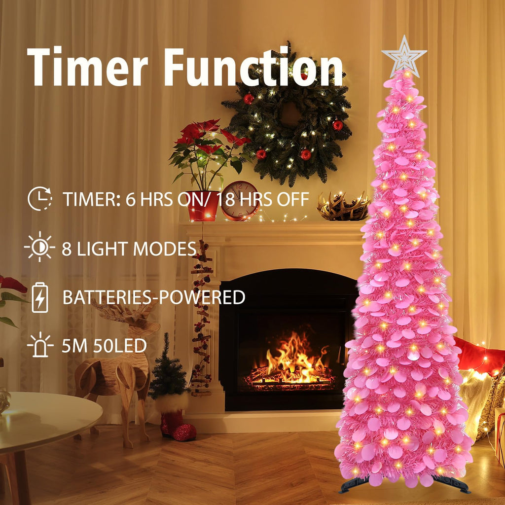 5 FT Pop Up with Timer Lights, Hot Pink Christmas Tinsel Tree, Collapsible Artificial Pencil for Indoor Home