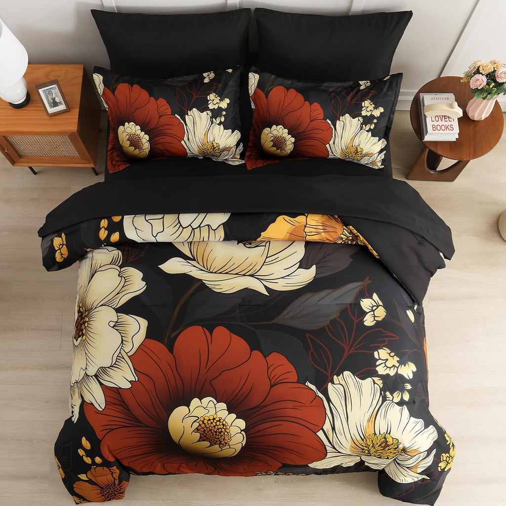 Black Floral Comforter Set 7 Pieces Bed in a Bag Flower Bedding Sets Lightweight Boho Bed Set