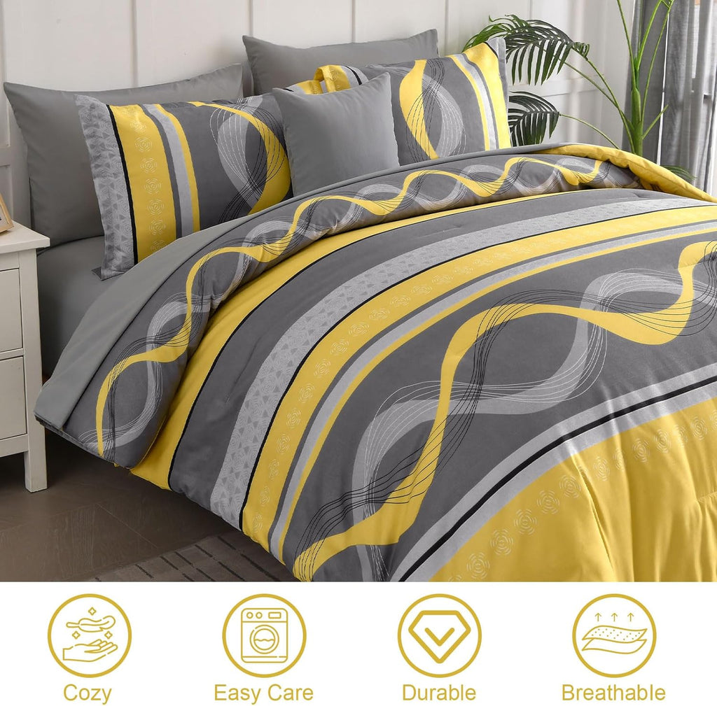Yellow Comforter Set, 8 Pieces Bed in a Bag Patchwork Striped Bedding Sets, Boho Soft Microfiber Bedding