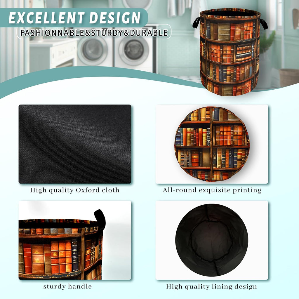 Wooden Bookshelf Laundry Basket Oxford Cloth Foldable Hamper 18.9x16.5inch | Funny Laundry Basket With Handles