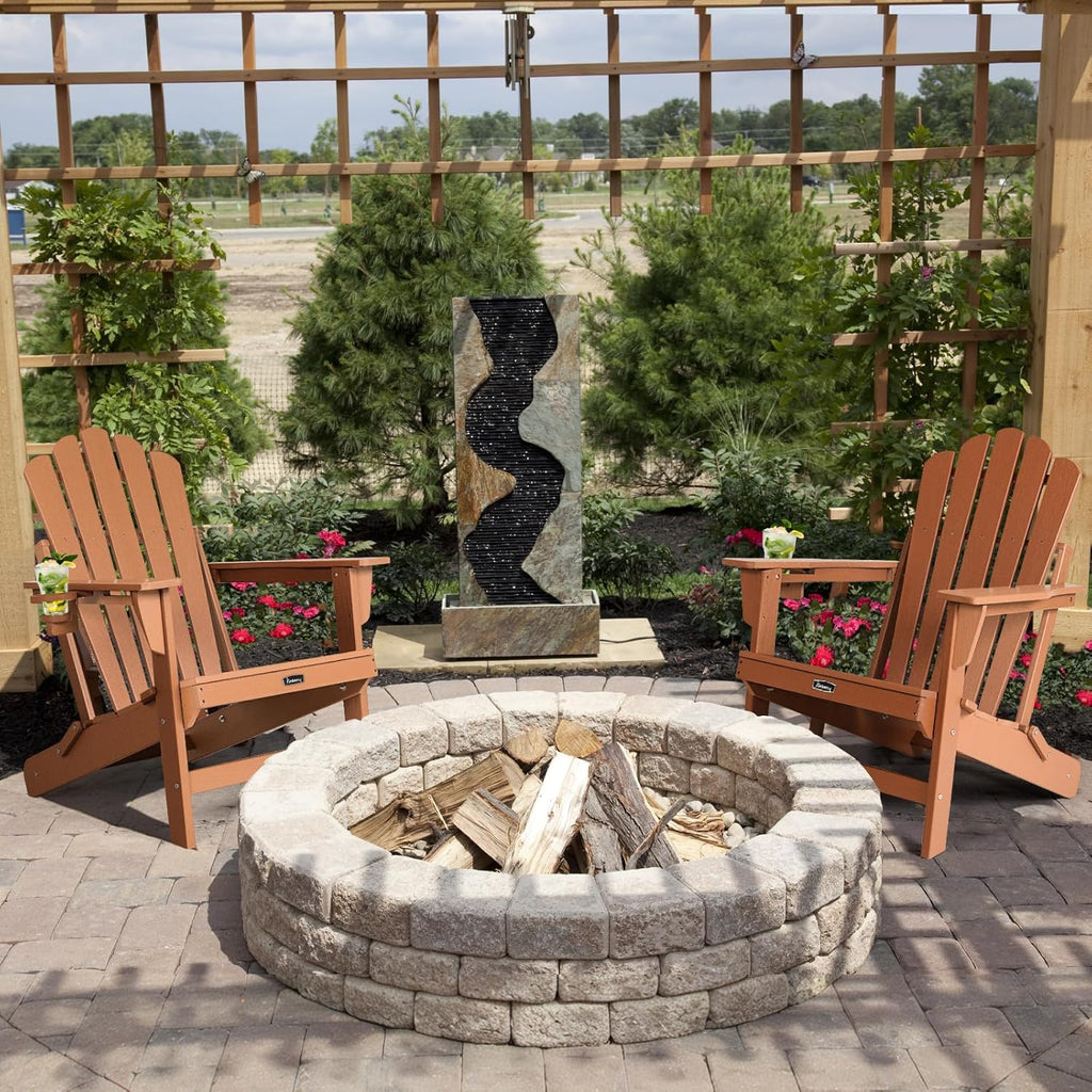 Folding Adirondack Chair Set of 2, Fire Pit Chairs with Cup Holder | Wood-Grain, HDPE All Weather, Quick-Folding, No