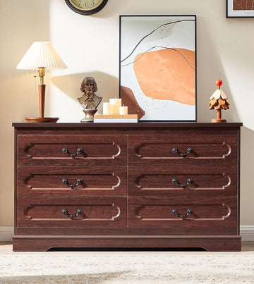 6 Drawer Dresser Cherry Bedroom Dresser 47.2" Wide Wood Cabinet | Farmhouse Wood Chest of Drawers , Modern Rustic