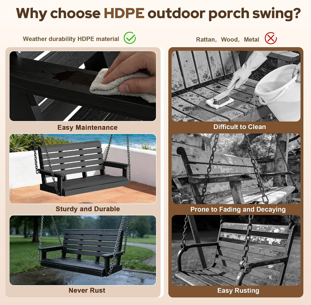 HDPE 2-Seat Outdoor Porch Swing, 660 LBS Hanging Swing Chair, Black | All-Weather & Fade Resistant, Adjustable