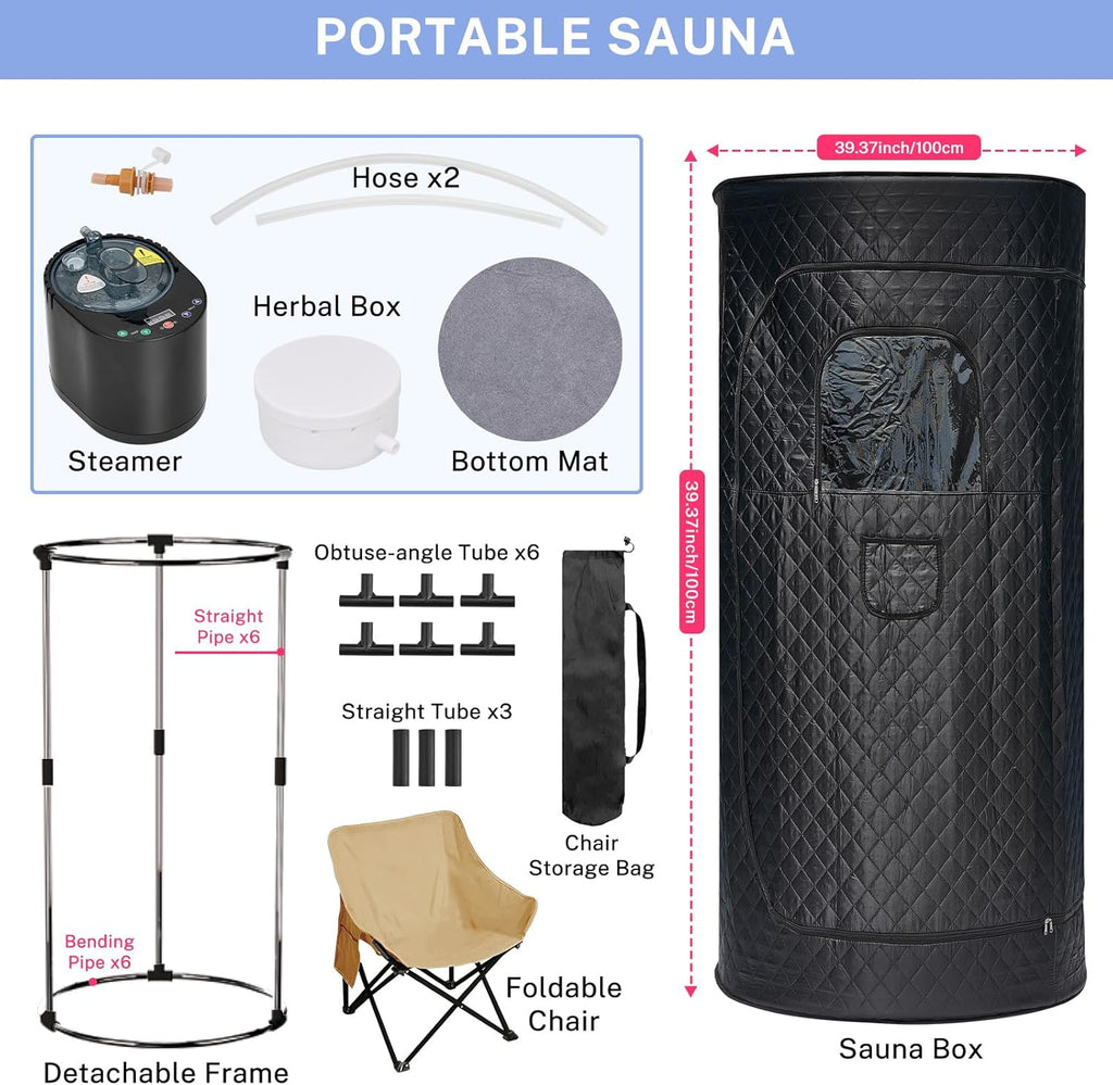 Portable Steam Sauna Box for Home, Person Saunas Tent for Spa Therapy,Relaxation,Detoxification,Gym,Pilates,Garage,Hot Tub,with Remote Control,Waterproof,Thermal Insulation,Indoor&Outdoor Black