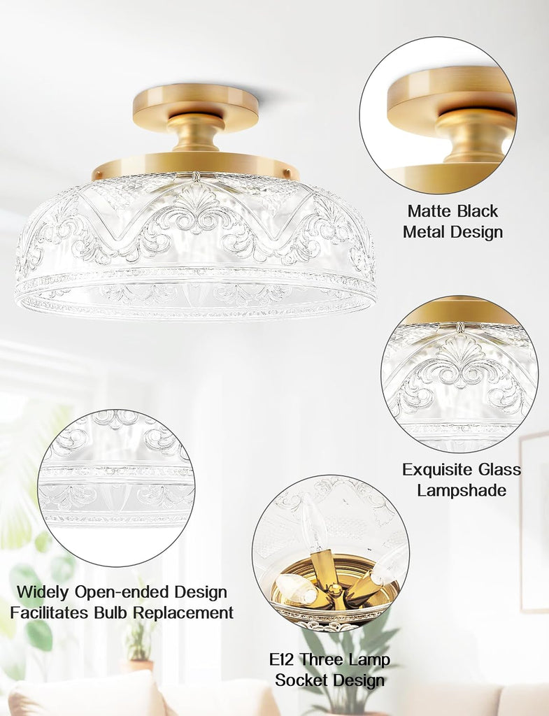 Semi Flush Mount Ceiling Light, 12 Inch Large Gold Ceiling Light Fixture, 3-Light Globe Glass Farmhouse Kitchen