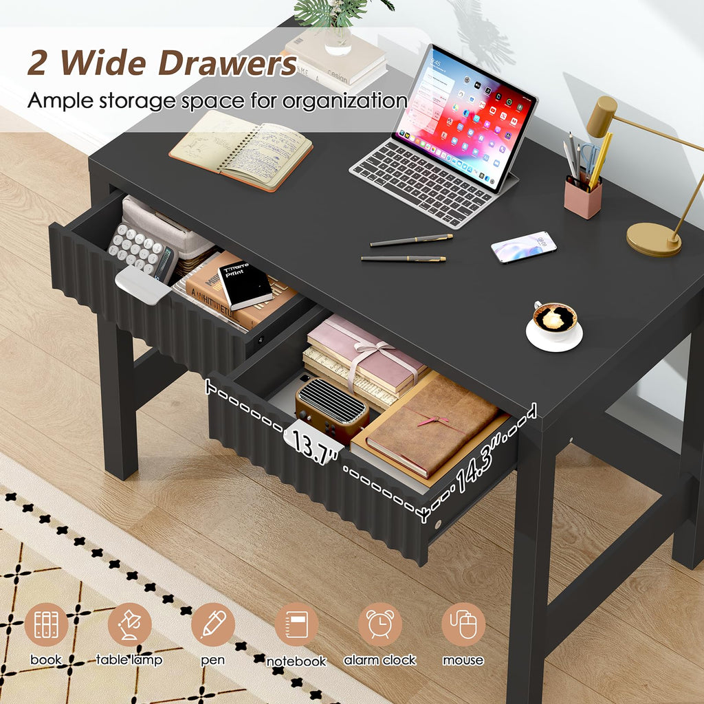 32 Inch Small Fluted Computer Desk with 2 Drawers