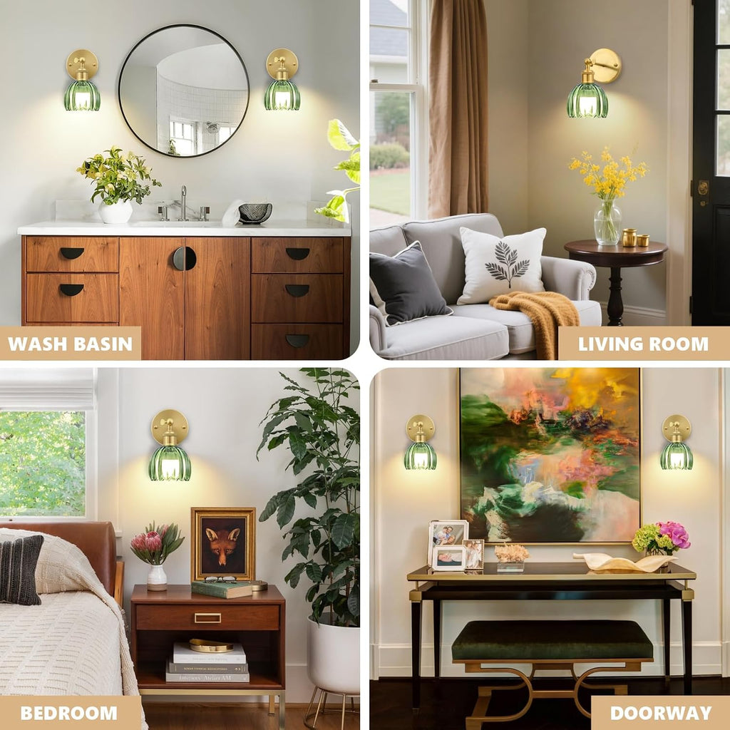 Vintage Battery Operated Wall Sconce, Green Tulip Glass Lampshade Wireless Rechargeable Battery Powered LED Wall