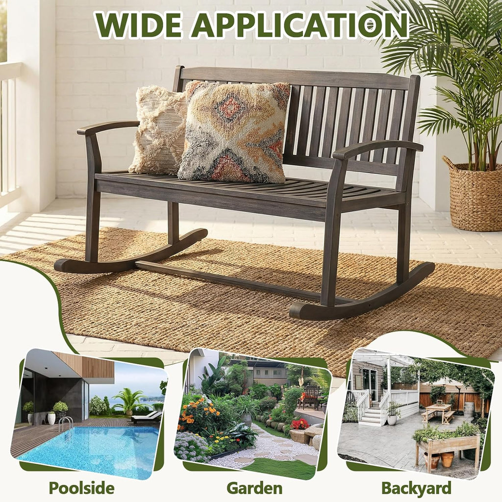 49" Outdoor Rocking Loveseat Bench, 2-Person Double Rocking Chair with Slatted Back/Curved Armrests, Porch Glider for