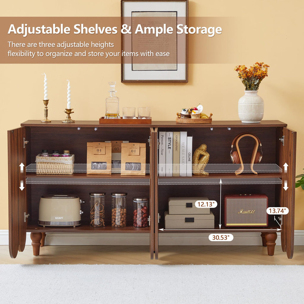 63" Buffet Cabinet with Scalloped Arched Doors, 4-Door Sideboard with Adjustable Shelves, Push-to-Open & Soft-Close