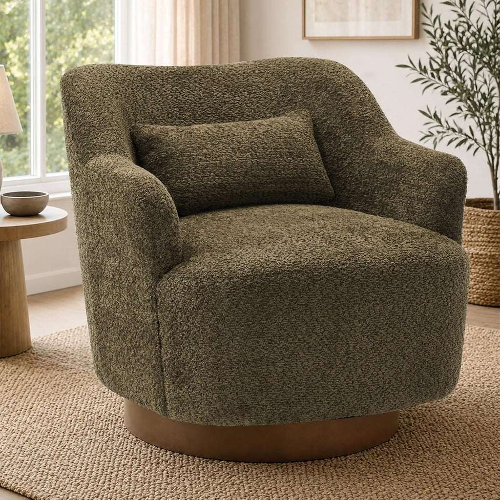 Swivel Accent Chair with Pillow, Solid Wood Base, Olive Green | 360°Swivel Accent Chair, Swivel Barrel Chair, Modern