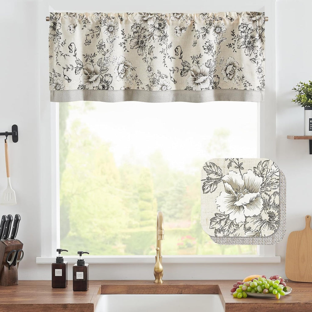 Polyester Blend Valance Curtain Farmhouse Window Decor Floral Print for Kitchen Living Room Double Layer Light