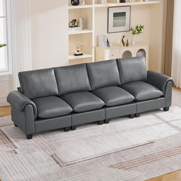 118" Faux Leather Modular Sectional Upholstered Sofa, Oversized 4 Seater Couch with Curved Armrests, Cloud Modern