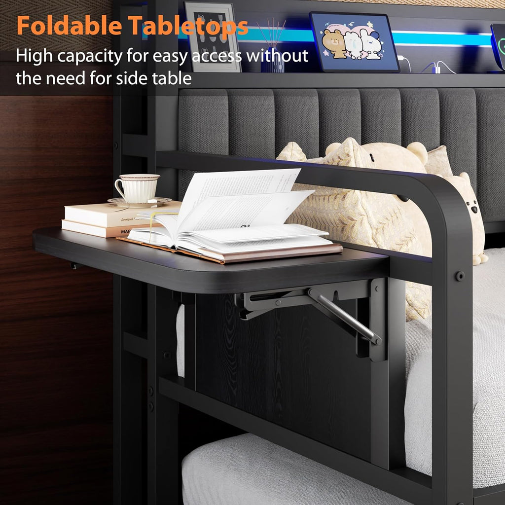 Daybed with Trundle and LED Light, Heavy Duty Metal Twin Bed Frame with Upholstered Storage Headboard & Charging