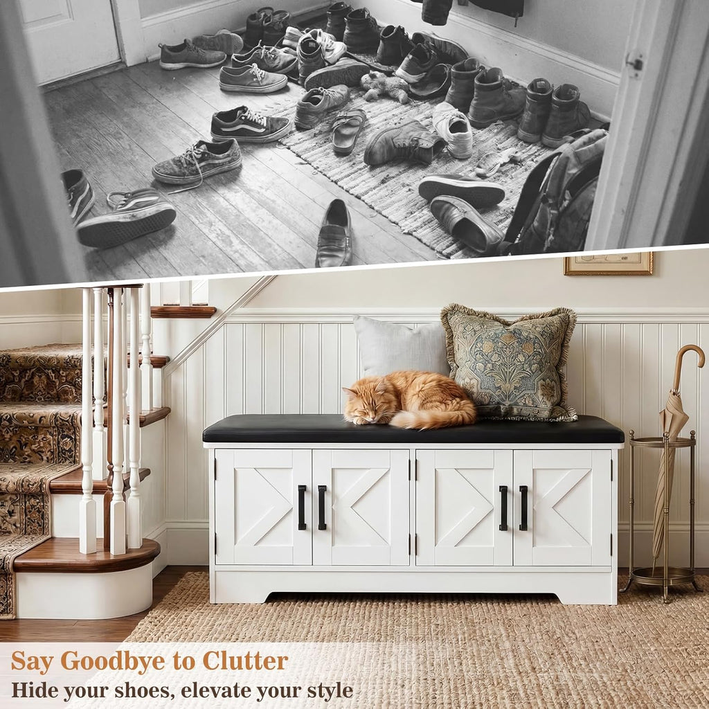 Farmhouse Shoe Storage Bench with Cushion - 43.3" Entryway Bench with Storage & 4 Barn Doors, 2-Tier Wooden Shoe Rack