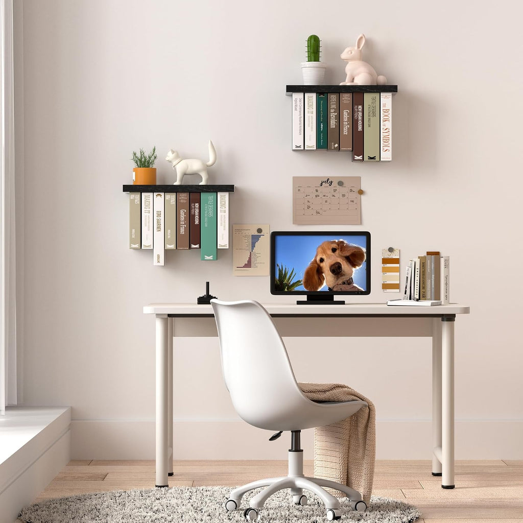Floating Book Shelves for Wall Set of 2, Unique Wood Hanging Bookshelf | Easy Install Wall Bookshelf with Anti-Tilt