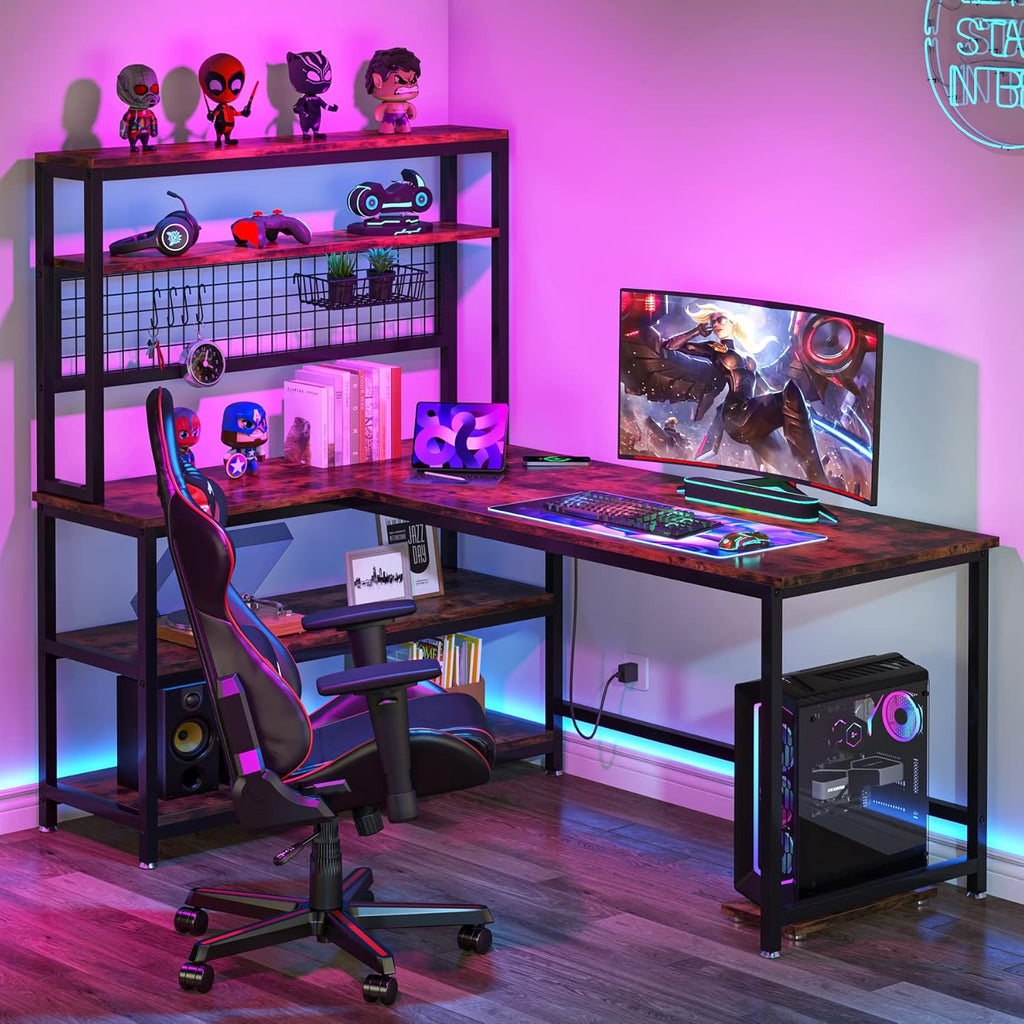 55" L-Shape Computer Desk with Hutch and Wireless Charging